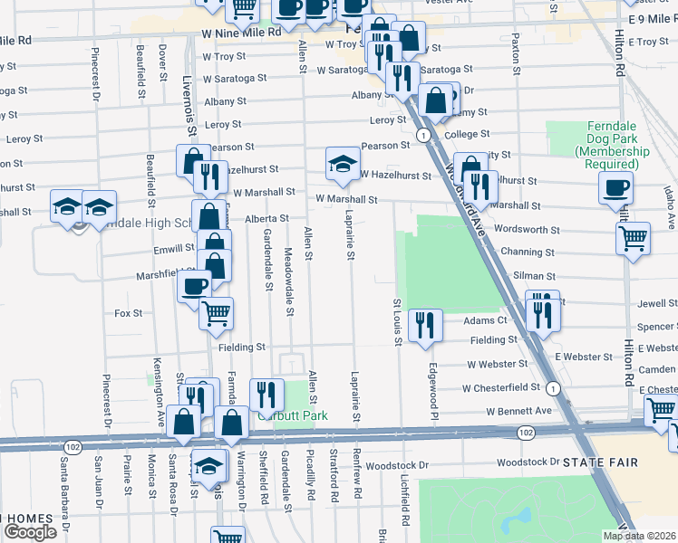 map of restaurants, bars, coffee shops, grocery stores, and more near 645 Laprairie Street in Ferndale