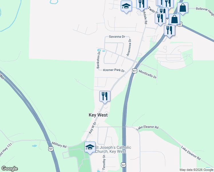 map of restaurants, bars, coffee shops, grocery stores, and more near 10787-10863 Key W Dr in Dubuque