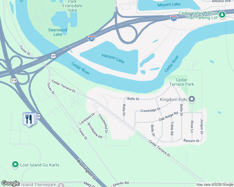 map of restaurants, bars, coffee shops, grocery stores, and more near 204 Belle Street in Waterloo