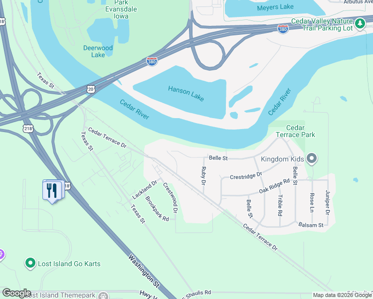 map of restaurants, bars, coffee shops, grocery stores, and more near 204 Belle Street in Waterloo