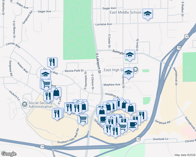 map of restaurants, bars, coffee shops, grocery stores, and more near 3237-3299 S Lakeport St in Sioux City