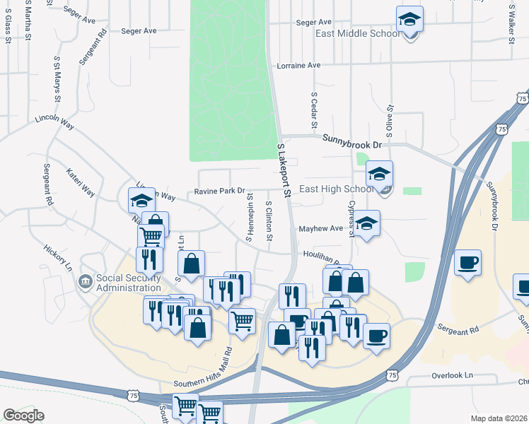 map of restaurants, bars, coffee shops, grocery stores, and more near 3229 South Clinton Street in Sioux City