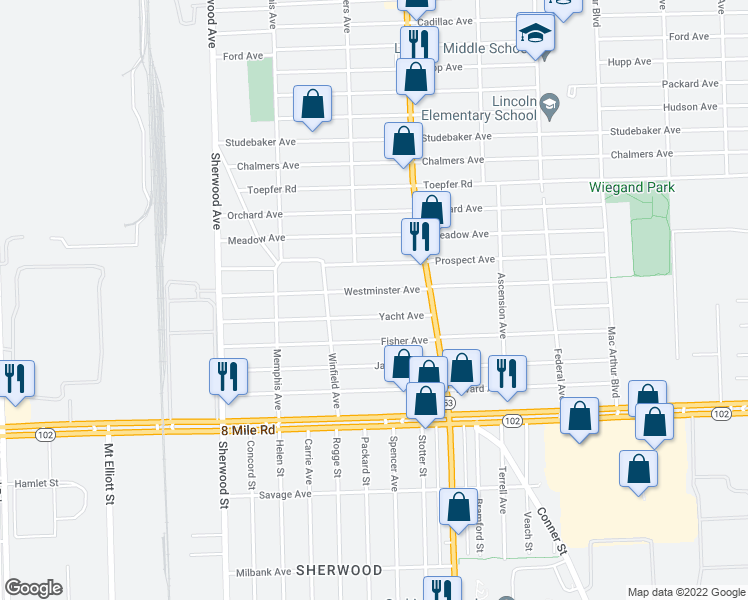 map of restaurants, bars, coffee shops, grocery stores, and more near 7538 Westminster Avenue in Warren