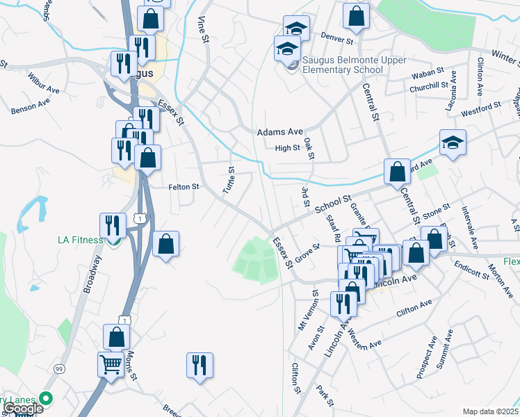 map of restaurants, bars, coffee shops, grocery stores, and more near 135 Essex Street in Saugus