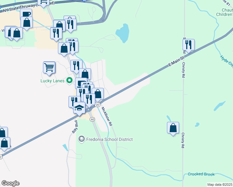 map of restaurants, bars, coffee shops, grocery stores, and more near 3742 East Main Road in Fredonia
