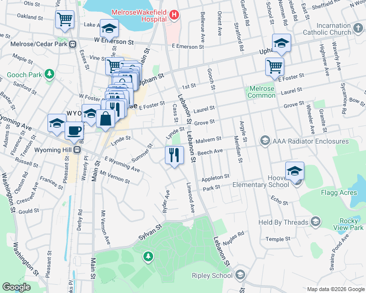 map of restaurants, bars, coffee shops, grocery stores, and more near 350 Lebanon Street in Melrose