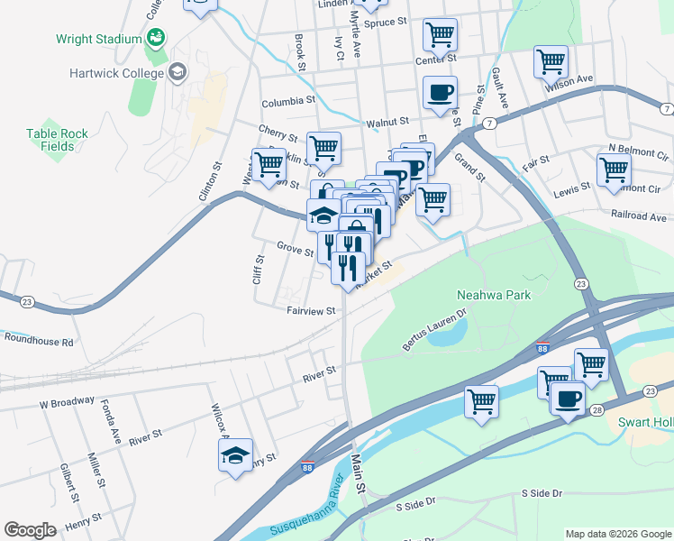 map of restaurants, bars, coffee shops, grocery stores, and more near 95 Main Street in Oneonta