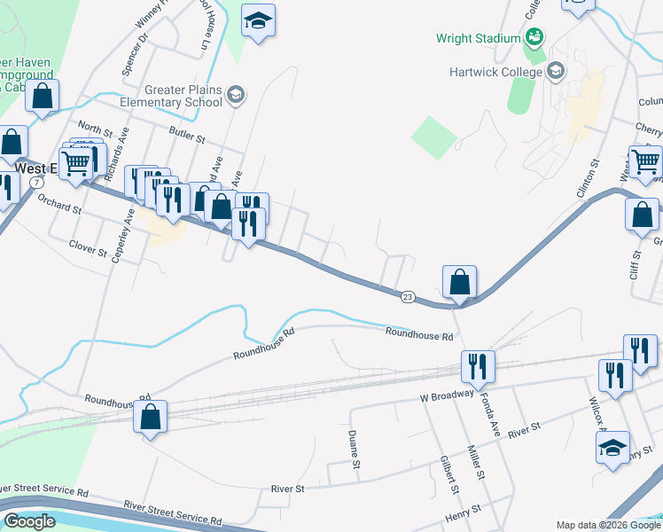 map of restaurants, bars, coffee shops, grocery stores, and more near in Oneonta