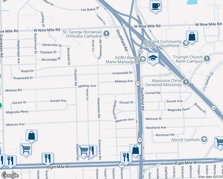 map of restaurants, bars, coffee shops, grocery stores, and more near 18449 Cornell Road in Southfield