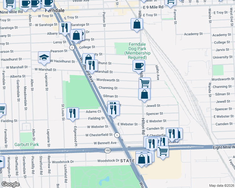 map of restaurants, bars, coffee shops, grocery stores, and more near 314 Silman Street in Ferndale