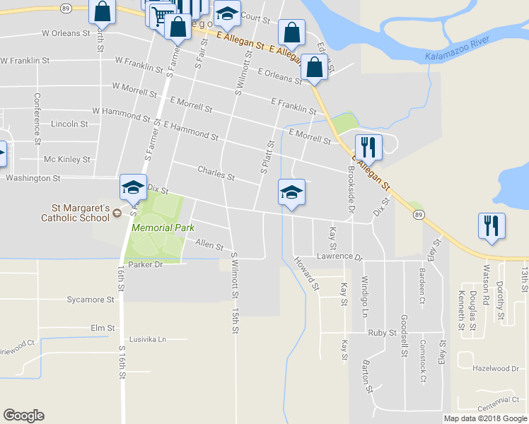 map of restaurants, bars, coffee shops, grocery stores, and more near 417 Dix Street in Otsego