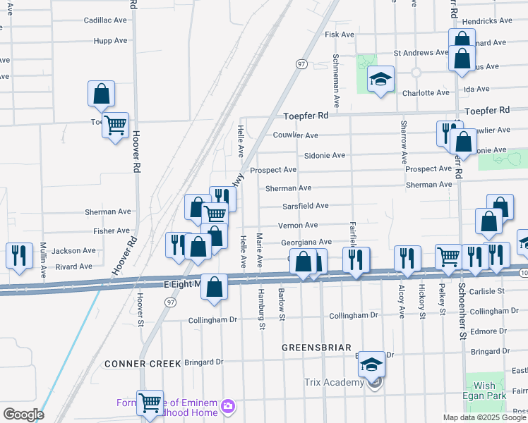 map of restaurants, bars, coffee shops, grocery stores, and more near 12408 Sarsfield Avenue in Warren