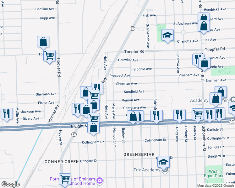 map of restaurants, bars, coffee shops, grocery stores, and more near 12416 Sarsfield Avenue in Warren