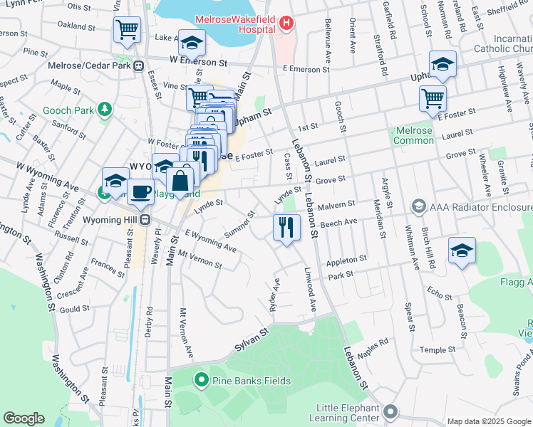 map of restaurants, bars, coffee shops, grocery stores, and more near 21-23 Rendall Place in Melrose