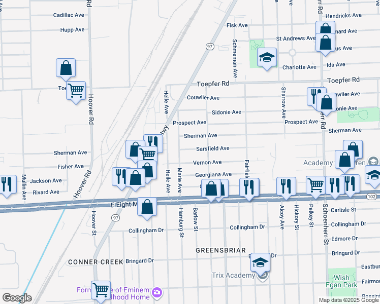 map of restaurants, bars, coffee shops, grocery stores, and more near 12444 Sarsfield Avenue in Warren