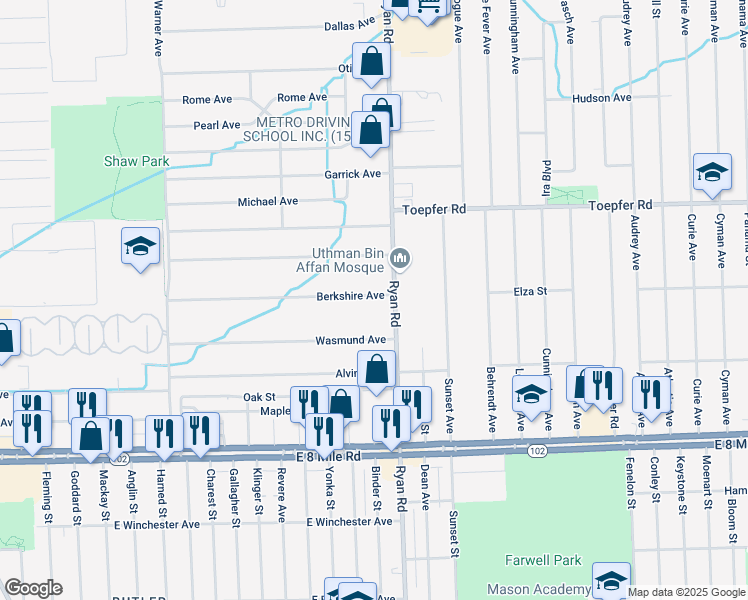 map of restaurants, bars, coffee shops, grocery stores, and more near 3974 Berkshire Avenue in Warren