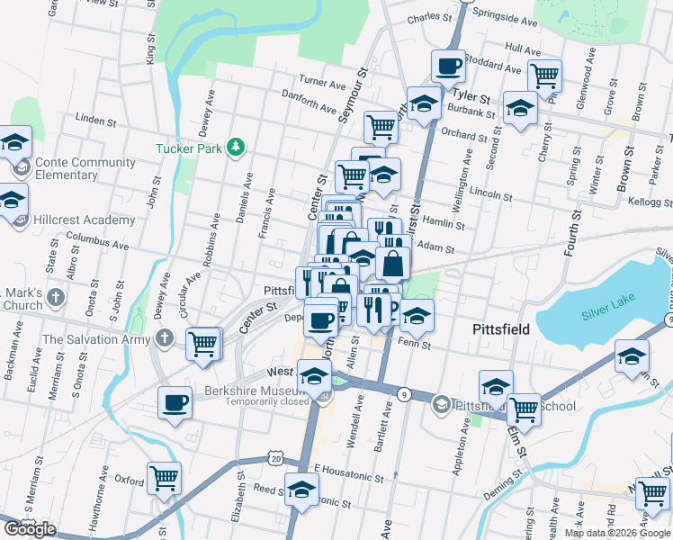 map of restaurants, bars, coffee shops, grocery stores, and more near 255 North Street in Pittsfield
