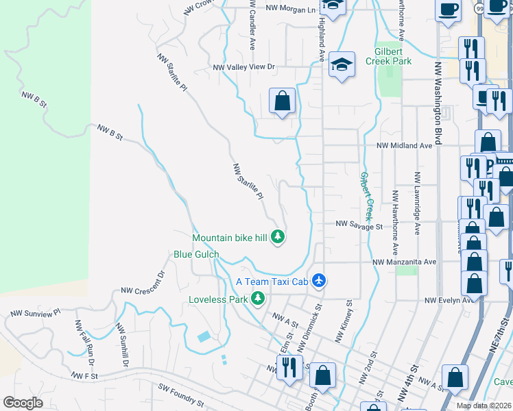 map of restaurants, bars, coffee shops, grocery stores, and more near 1004 Northwest Starlite Place in Grants Pass