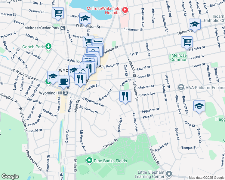 map of restaurants, bars, coffee shops, grocery stores, and more near 21-23 Rendall Place in Melrose