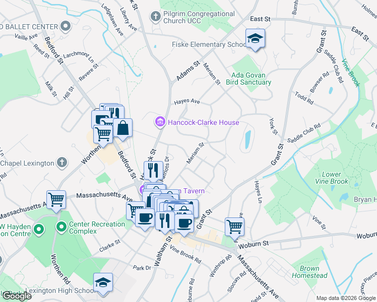 map of restaurants, bars, coffee shops, grocery stores, and more near 2 Chandler Street in Lexington