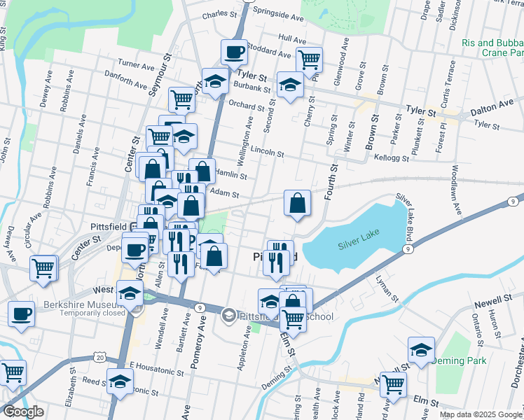 map of restaurants, bars, coffee shops, grocery stores, and more near 19 Lake Street in Pittsfield