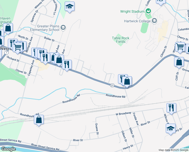 map of restaurants, bars, coffee shops, grocery stores, and more near in Oneonta