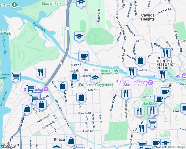 map of restaurants, bars, coffee shops, grocery stores, and more near 216 Queen Street in Ithaca