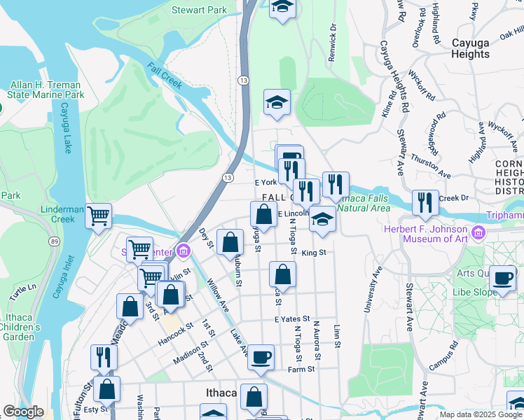 map of restaurants, bars, coffee shops, grocery stores, and more near 1012 North Cayuga Street in Ithaca