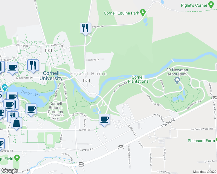 map of restaurants, bars, coffee shops, grocery stores, and more near 308 Forest Home Drive in Ithaca