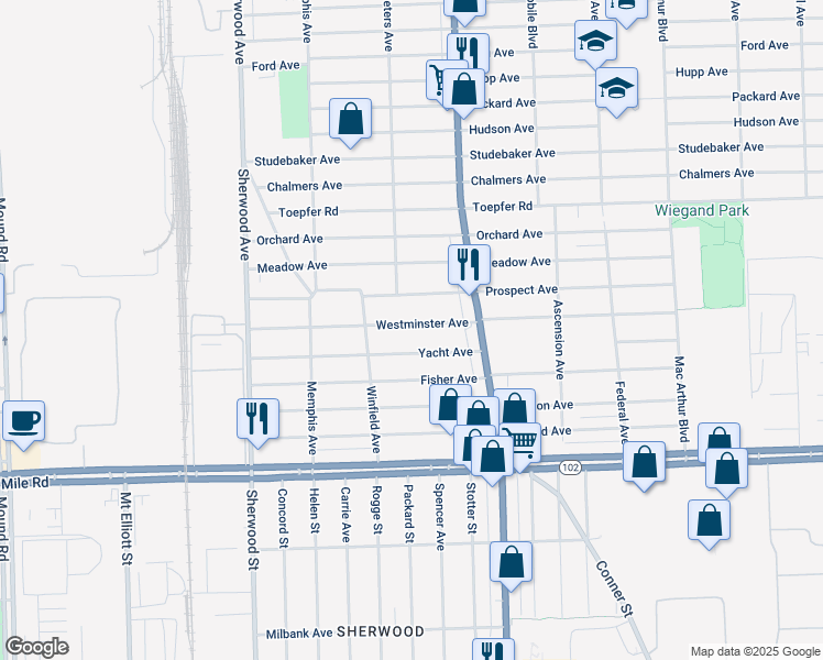 map of restaurants, bars, coffee shops, grocery stores, and more near 7520 Westminster Avenue in Warren
