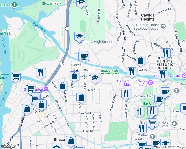map of restaurants, bars, coffee shops, grocery stores, and more near 216 Queen Street in Ithaca