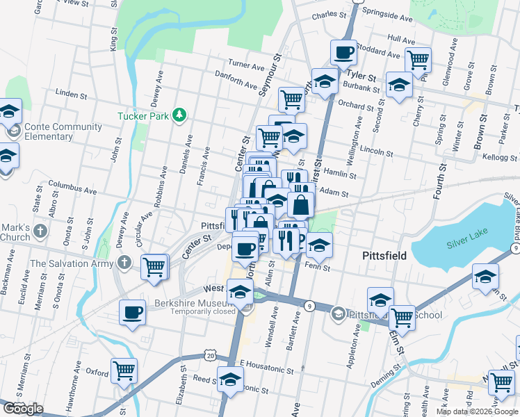 map of restaurants, bars, coffee shops, grocery stores, and more near 255 North Street in Pittsfield
