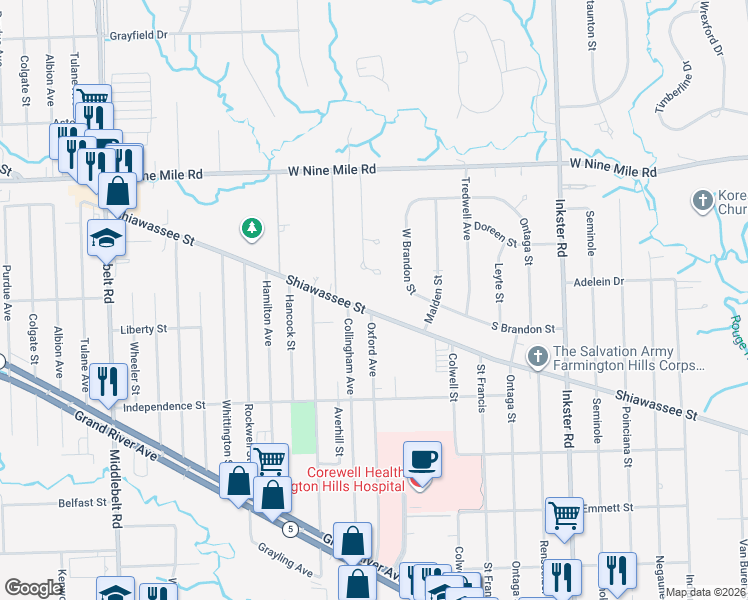 map of restaurants, bars, coffee shops, grocery stores, and more near 21937 Arbor Lane in Farmington Hills