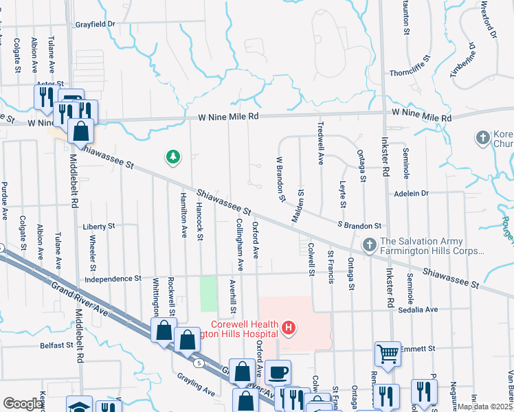 map of restaurants, bars, coffee shops, grocery stores, and more near 21937 Arbor Lane in Farmington Hills