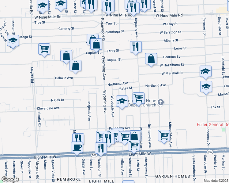 map of restaurants, bars, coffee shops, grocery stores, and more near 8813 Northend Avenue in Ferndale