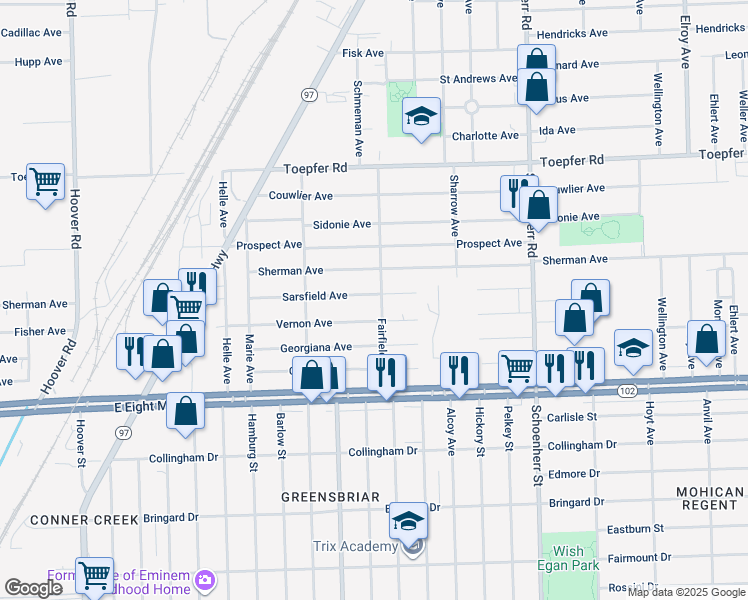 map of restaurants, bars, coffee shops, grocery stores, and more near 12850 Sarsfield Avenue in Warren