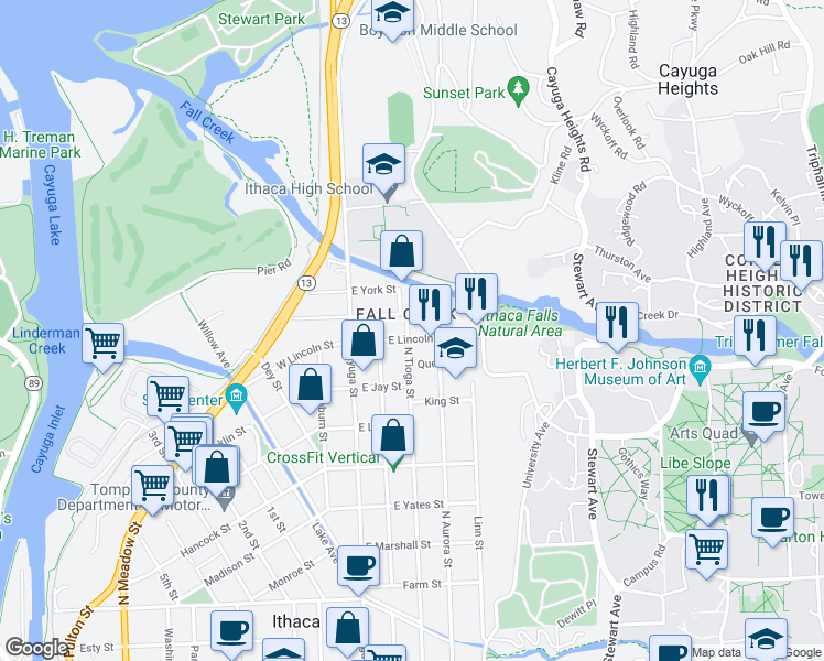 map of restaurants, bars, coffee shops, grocery stores, and more near 302 East Lincoln Street in Ithaca