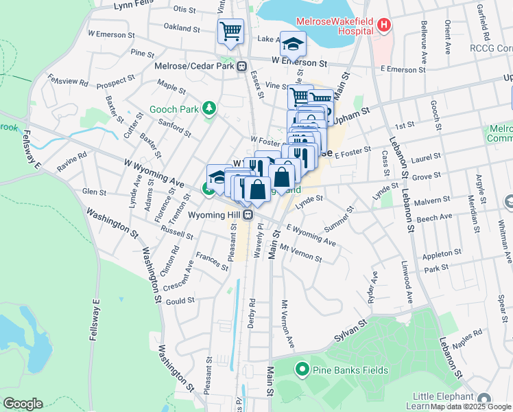map of restaurants, bars, coffee shops, grocery stores, and more near 10 Grove Street in Melrose