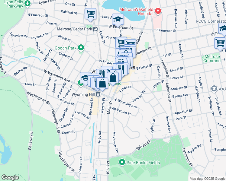 map of restaurants, bars, coffee shops, grocery stores, and more near 386 Main Street in Melrose
