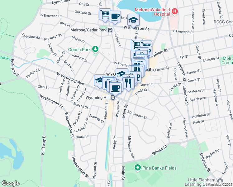 map of restaurants, bars, coffee shops, grocery stores, and more near 10 Grove Street in Melrose