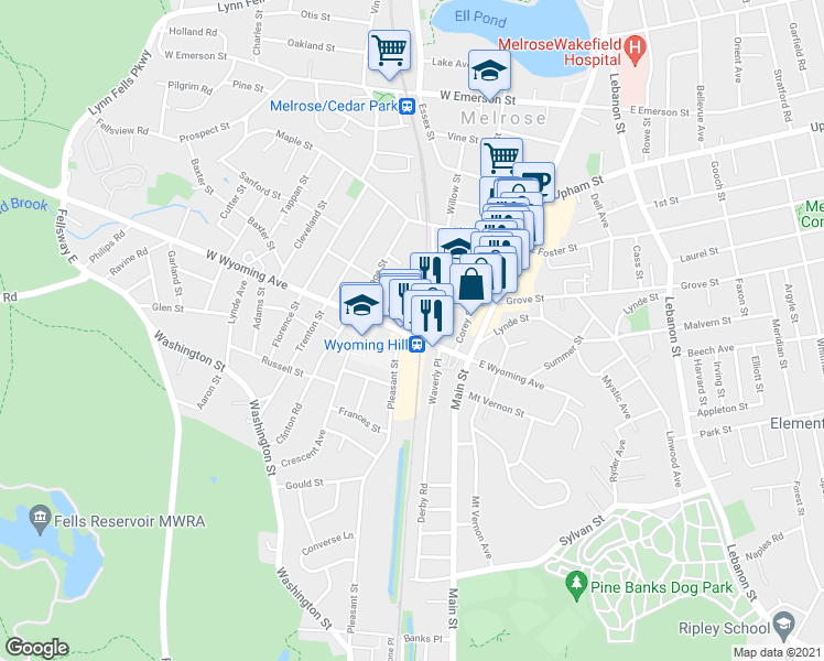 map of restaurants, bars, coffee shops, grocery stores, and more near 13 Hurd Street in Melrose