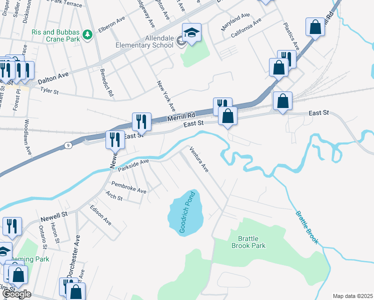 map of restaurants, bars, coffee shops, grocery stores, and more near 1328 East Street in Pittsfield