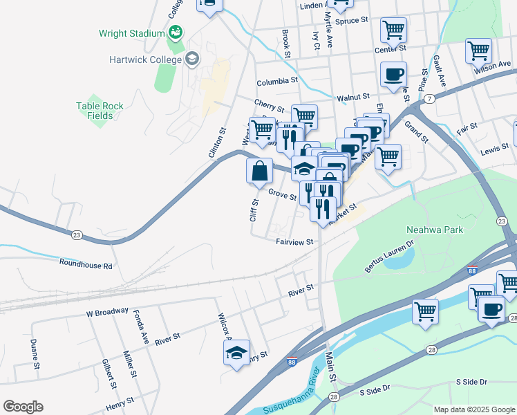 map of restaurants, bars, coffee shops, grocery stores, and more near 37 Grove Street in Oneonta