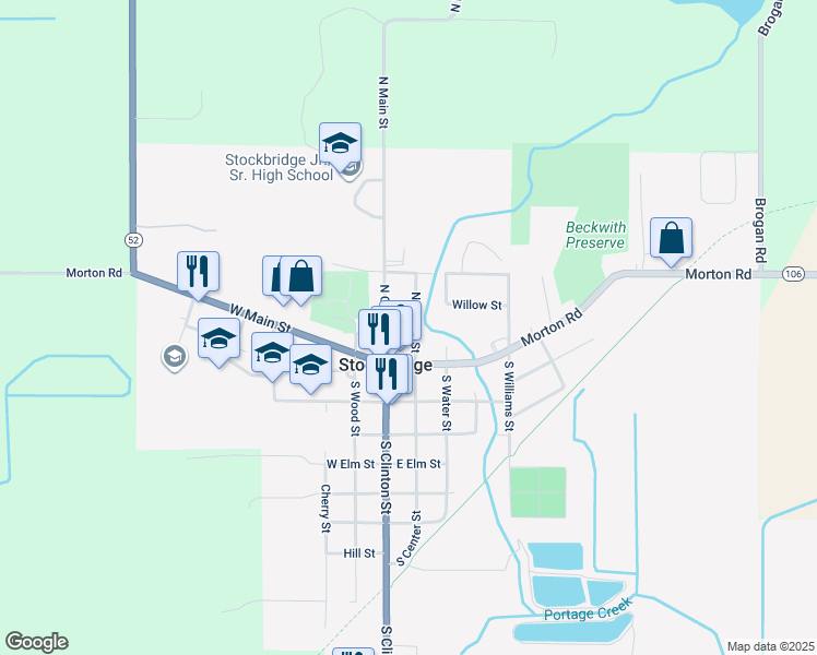 map of restaurants, bars, coffee shops, grocery stores, and more near 215 North Center Street in Stockbridge