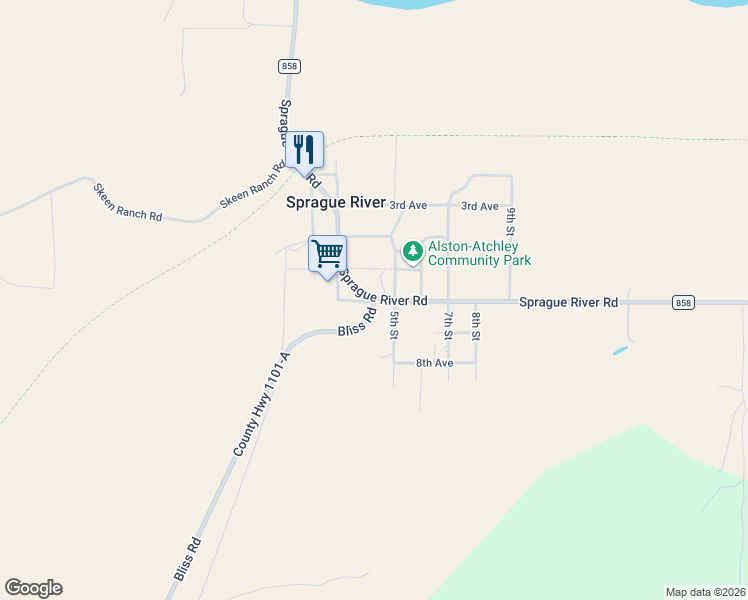 map of restaurants, bars, coffee shops, grocery stores, and more near 23623 5th Street in Sprague River