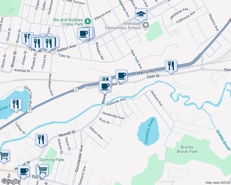 map of restaurants, bars, coffee shops, grocery stores, and more near 1238 East Street in Pittsfield