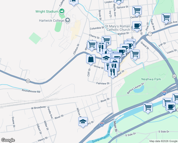 map of restaurants, bars, coffee shops, grocery stores, and more near 34 Cliff Street in Oneonta