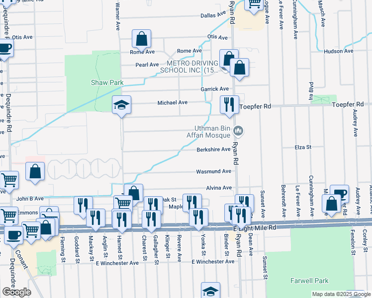 map of restaurants, bars, coffee shops, grocery stores, and more near 3578 Poplar Avenue in Warren