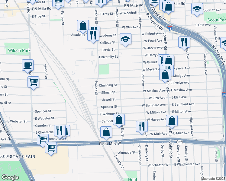 map of restaurants, bars, coffee shops, grocery stores, and more near 1641 Silman Street in Ferndale