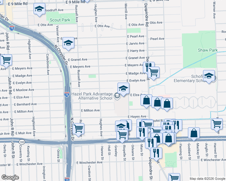 map of restaurants, bars, coffee shops, grocery stores, and more near 1546 East Evelyn Avenue in Hazel Park